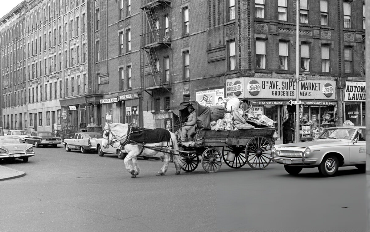 Horse-Drawn Cart Carrying Rubbish Down A Harlem Street, 1963.