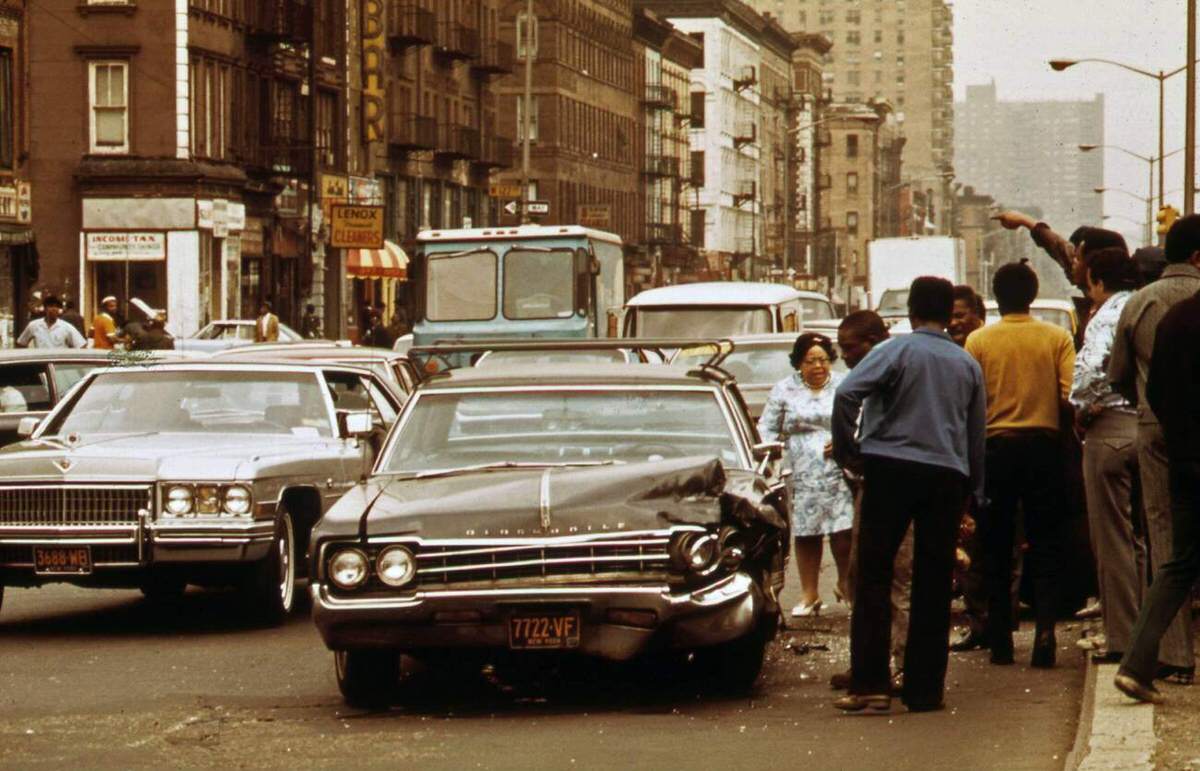 Traffic Accident On A Crowded Street, Harlem, 1973.