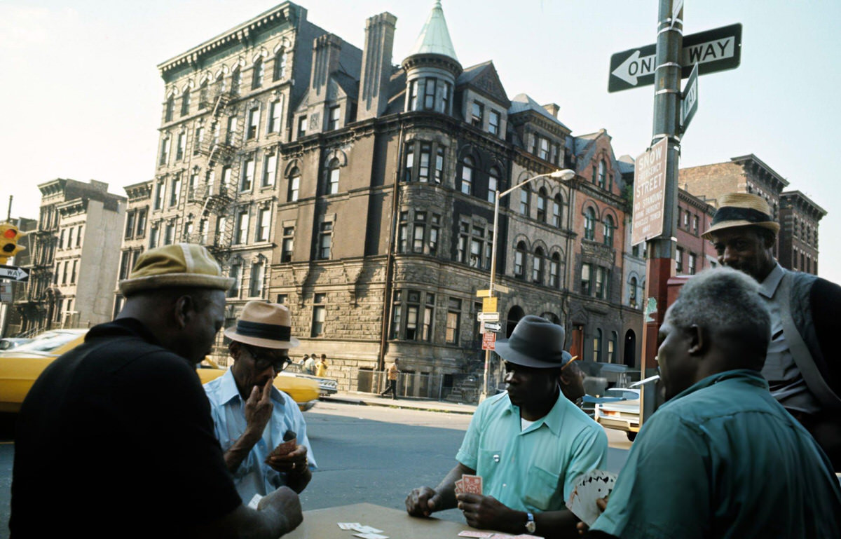 Men Playing Cards At A Table On A Sidewalk In Harlem, 1970.