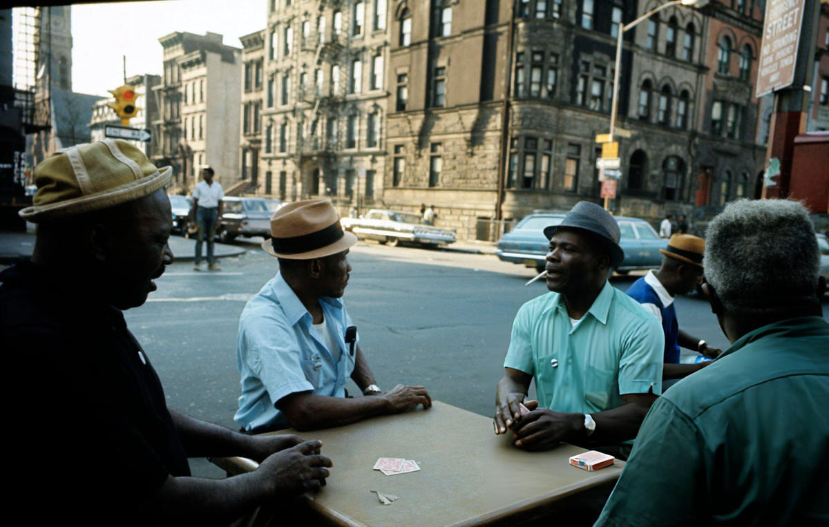 Men Playing Cards At A Table On A Sidewalk In Harlem, 1970.