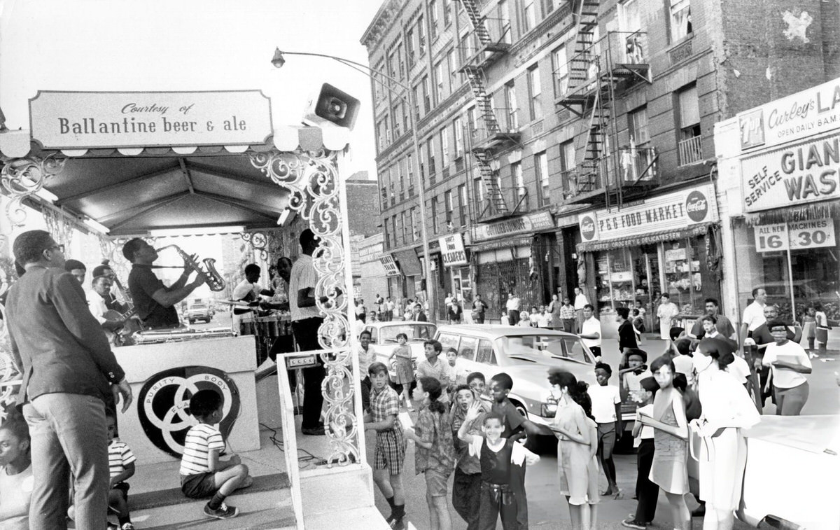 Jazz Band Performing On The Back Of A Truck In The Streets Of Harlem, 1970.