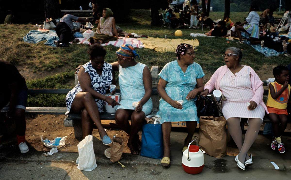Women Picnicking On A Bench At The North End Of Central Park, 1970.