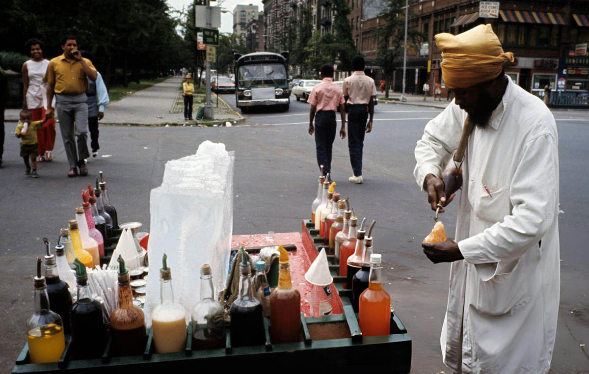 Street Vendor Selling Shaved Ice With Syrup, Harlem, 1970.