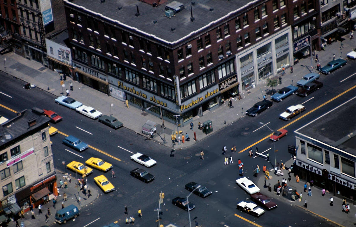 Aerial View Of An Intersection At Amsterdam Avenue With Yellow Taxis, Harlem, 1970.