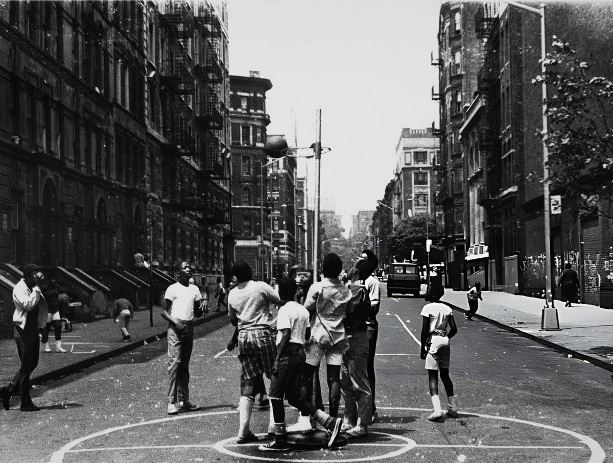 Teenage Boys Playing Basketball On A Harlem Street, 1975.