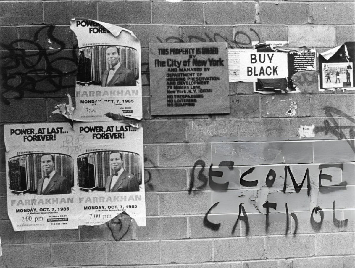 Building In Harlem With Graffiti And Advertisements For Louis Farrakhan, 1985.