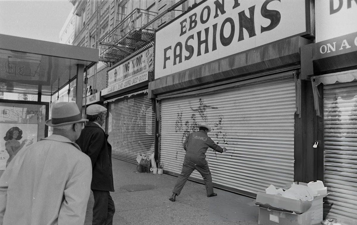 Street Artist Franco Gaskin In Front Of His Artwork On 125Th Street, Harlem, 1980.