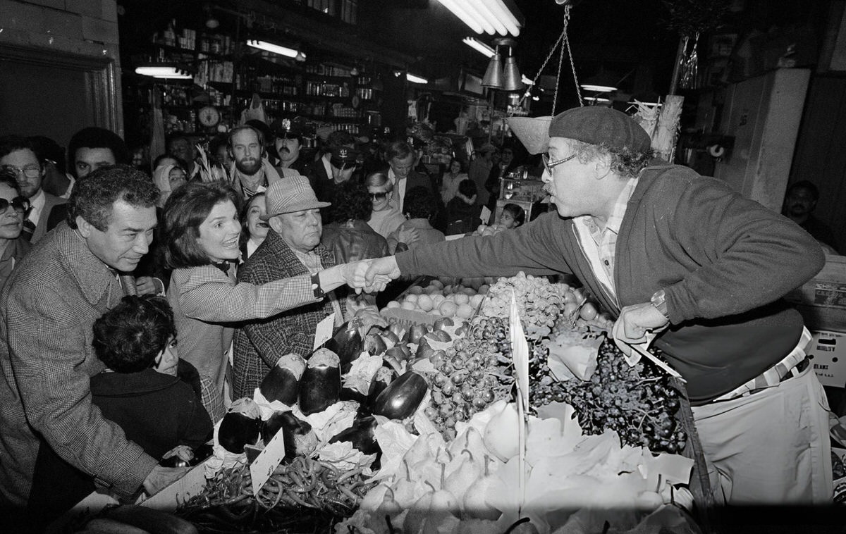 Jacqueline Kennedy Onassis Campaigning For Senator Edward Kennedy In Spanish Harlem, 1980.