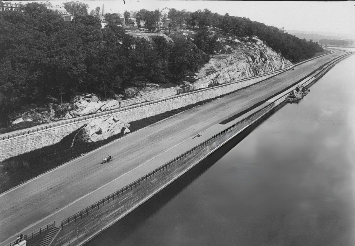 High-Angle View Of The Harlem Speedway Along The Harlem River, New York, 1895.
