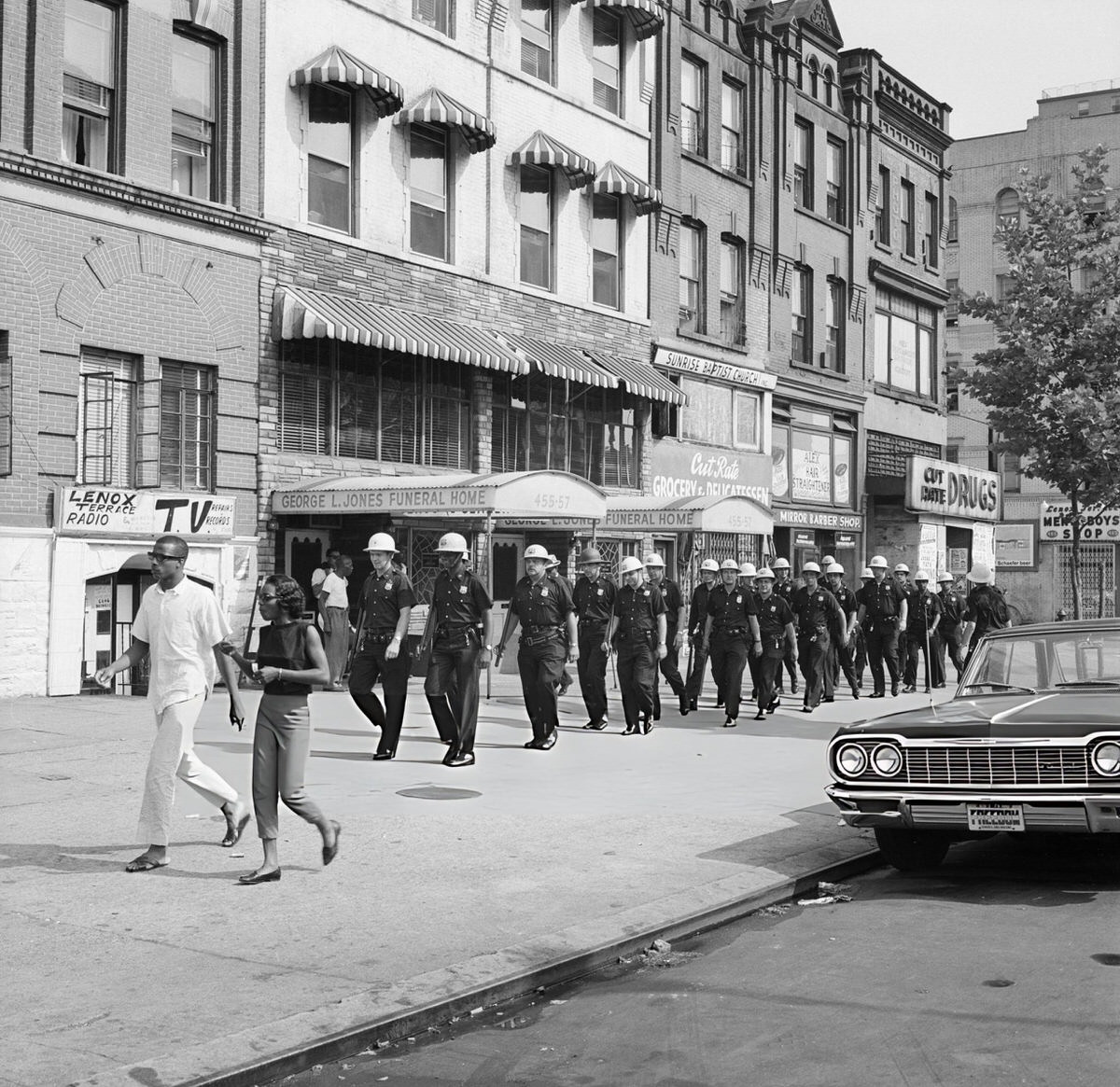 Helmeted Police Patrolling Lenox Avenue Near 132Nd Street, Harlem, 1964.