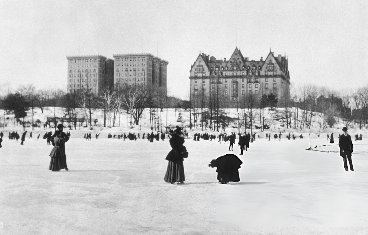 Ice Skating On A Frozen Pond In Central Park With The Hotel Majestic And The Dakota In The Background, New York, 1894.