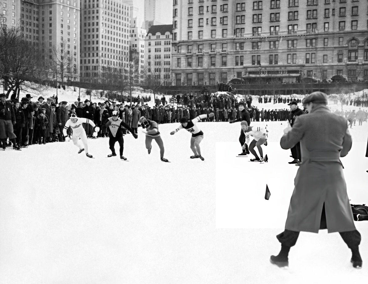 Start Of The 220-Yard Ice Skating Race On The 59Th Street Lake In Central Park, New York, 1931.