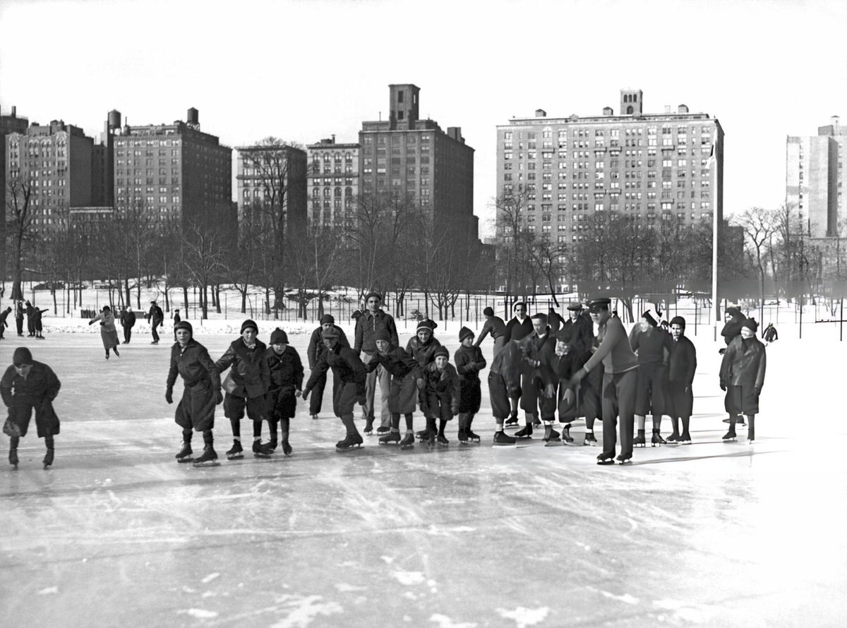 Ice Skaters Starting An Informal Race In Central Park, New York, 1933.