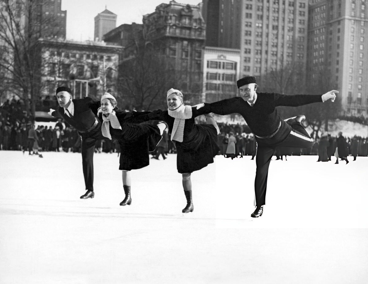 Two Pairs Of Skaters Posing In Central Park, New York, 1952.