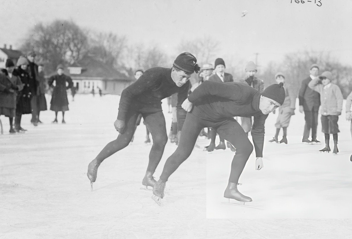 Two Men Racing While Ice Skating In Central Park, New York, 1900.