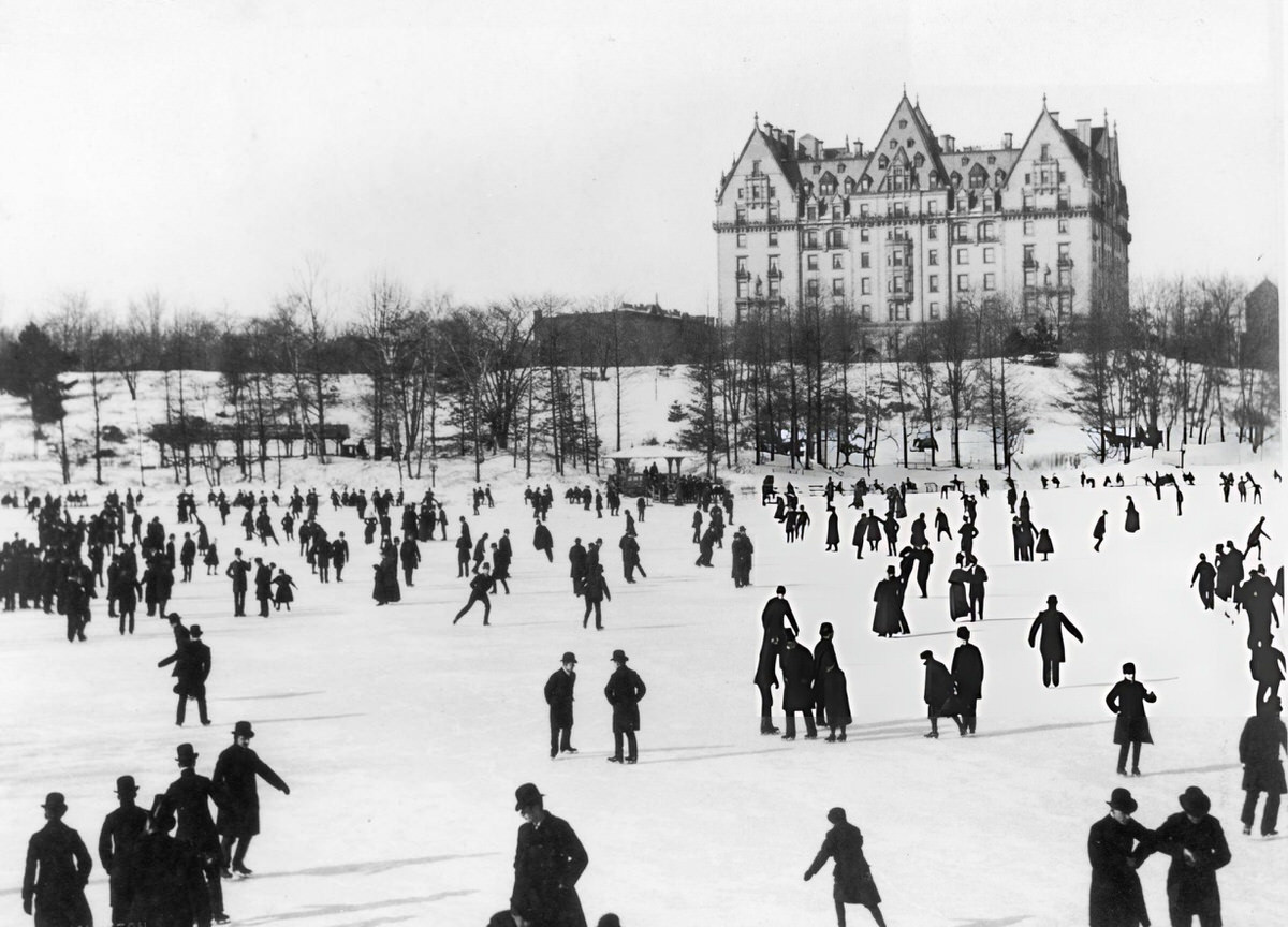 Ice Skaters On A Lake Near West 72Nd Street With The Dakota In The Background, Central Park, 1890.