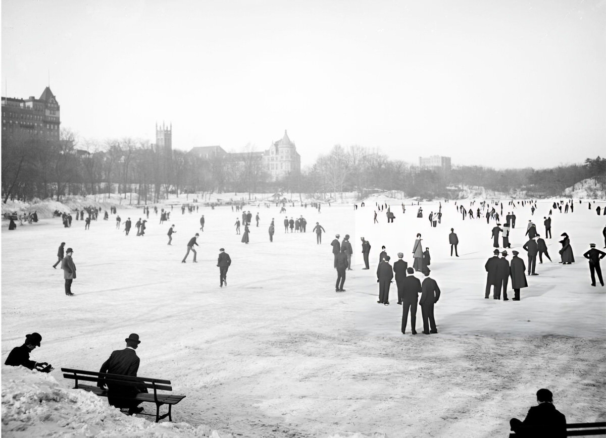 Ice Skating On A Frozen Pond In Central Park, New York, 1900.
