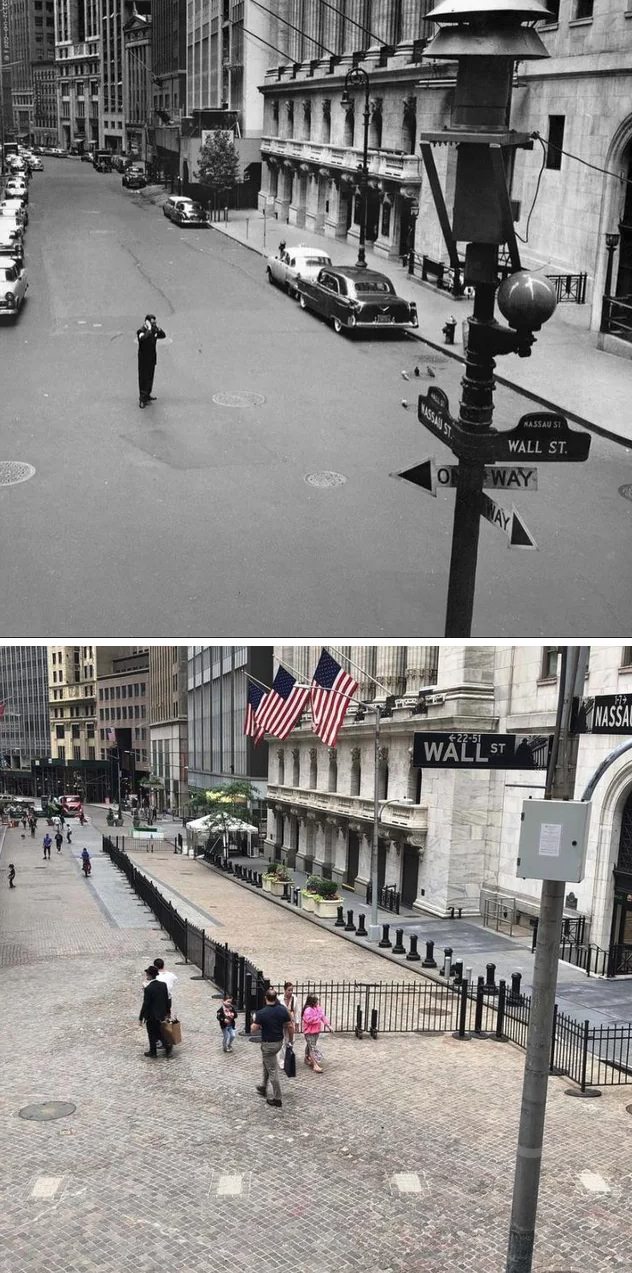 Looking South To Broad Street At Wall And Nassau Streets, Financial District, Manhattan, 1956–2021.