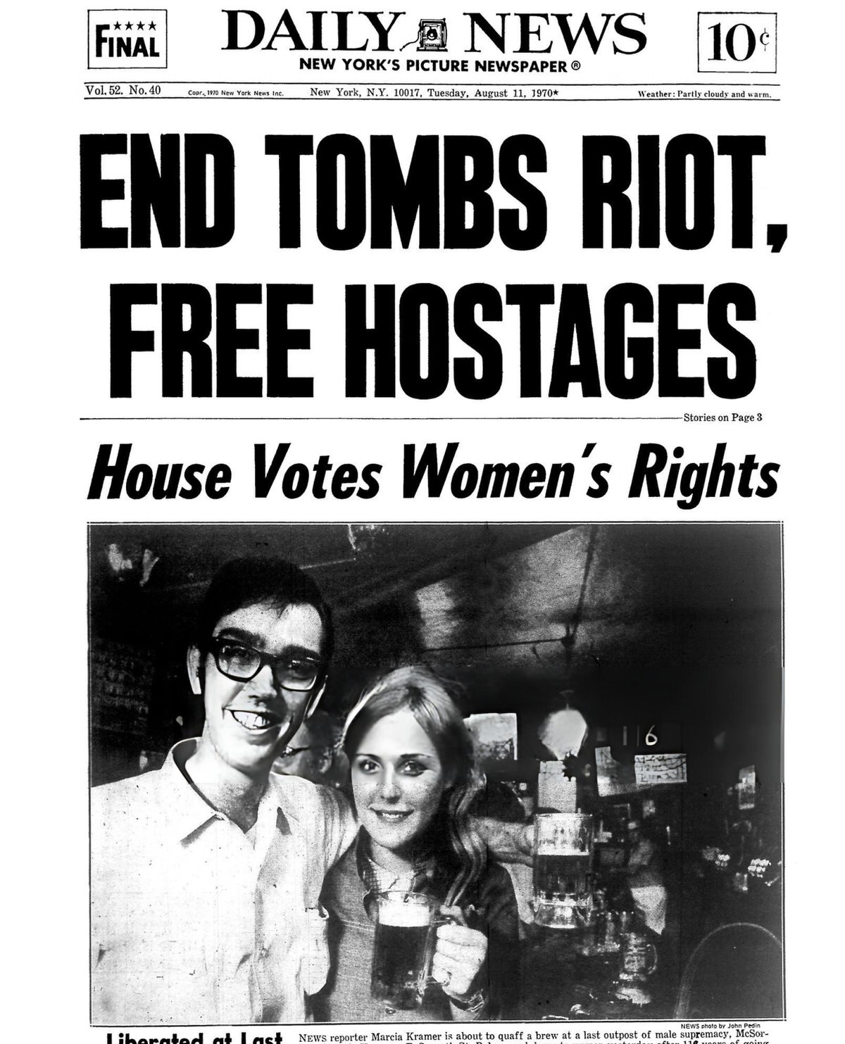 Daily News Front Page Featuring Reporter Marcia Kramer At Mcsorley'S Old Ale House After The End Of The Male-Only Policy, 1970.