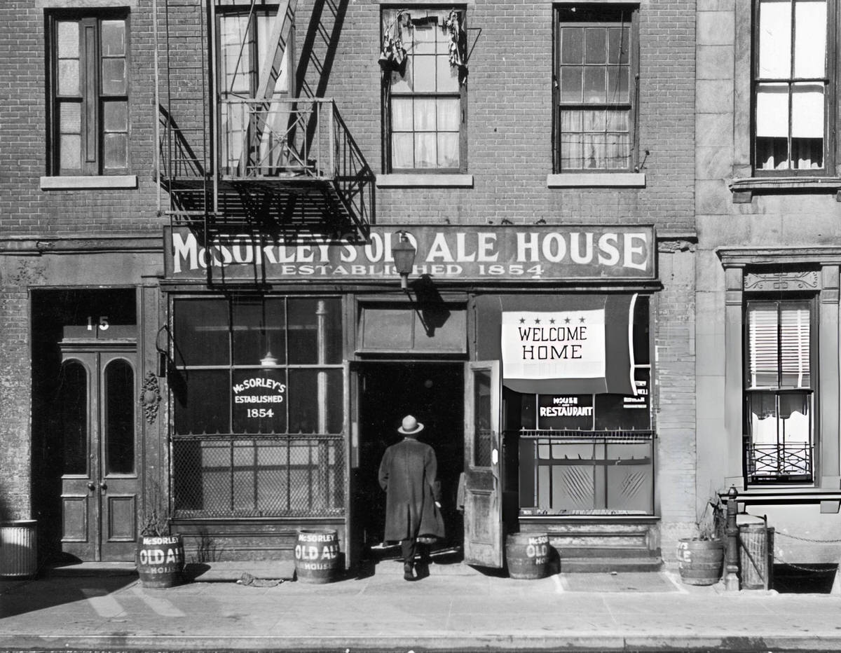 Exterior Of Mcsorley'S Old Ale House On East Seventh Street With A &Amp;Quot;Welcome Home Mcsorley Boys&Amp;Quot; Banner, Manhattan, 1945.