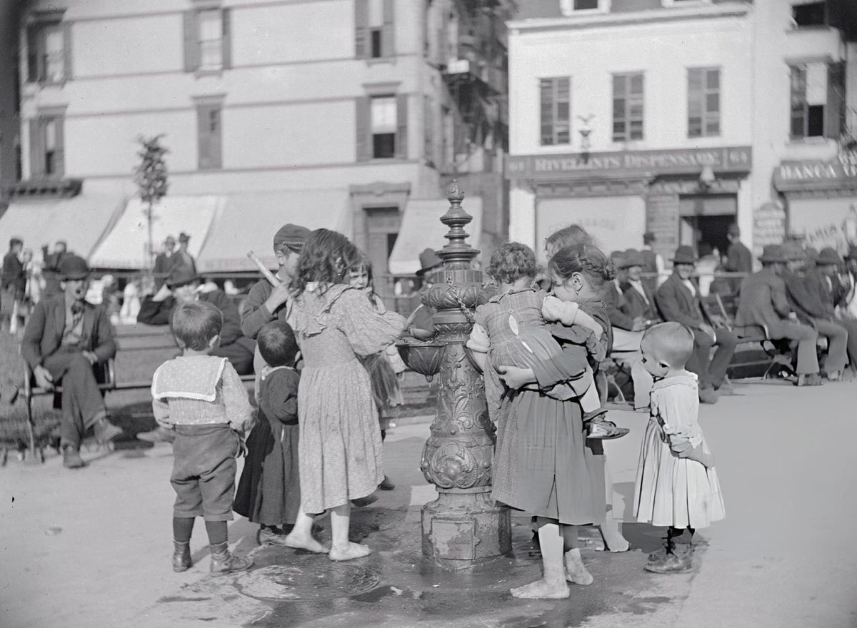 Children At A Water Fountain At Mulberry Bend.