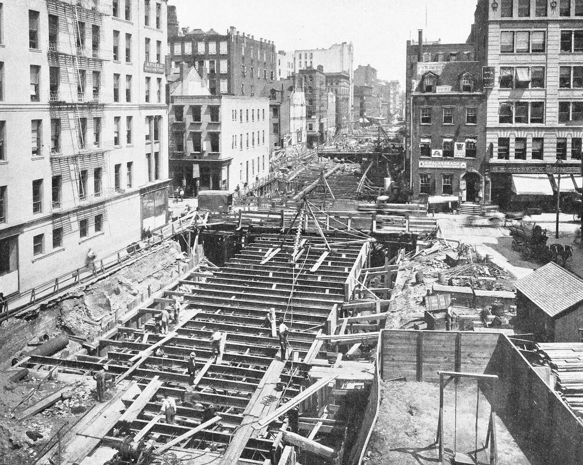 Construction Of The First Subway Line Along Elm Street And Lafayette Place, New York, 1901.