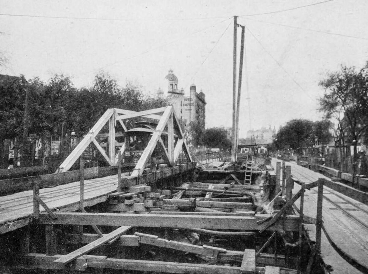 Trusses Carrying A Trolley Line During Subway Construction On The Boulevard, New York, 1904.