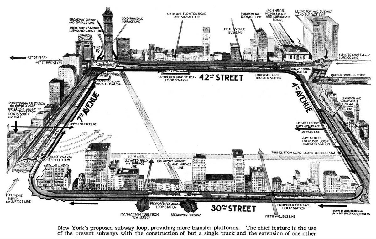 Map Of A Proposed Subway Loop Connecting The West And East Sides Of Manhattan, 1920.