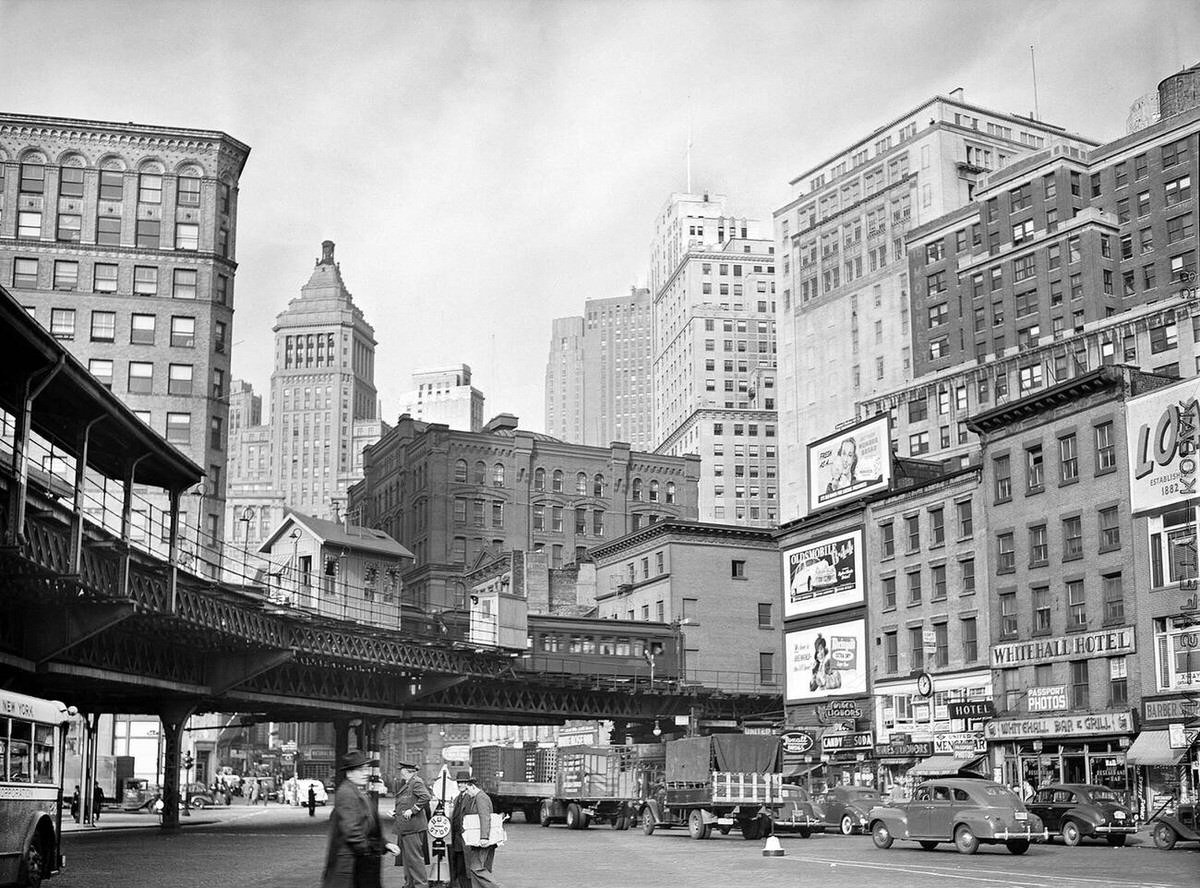 Street Scene And Elevated Subway In Downtown Manhattan, 1941.