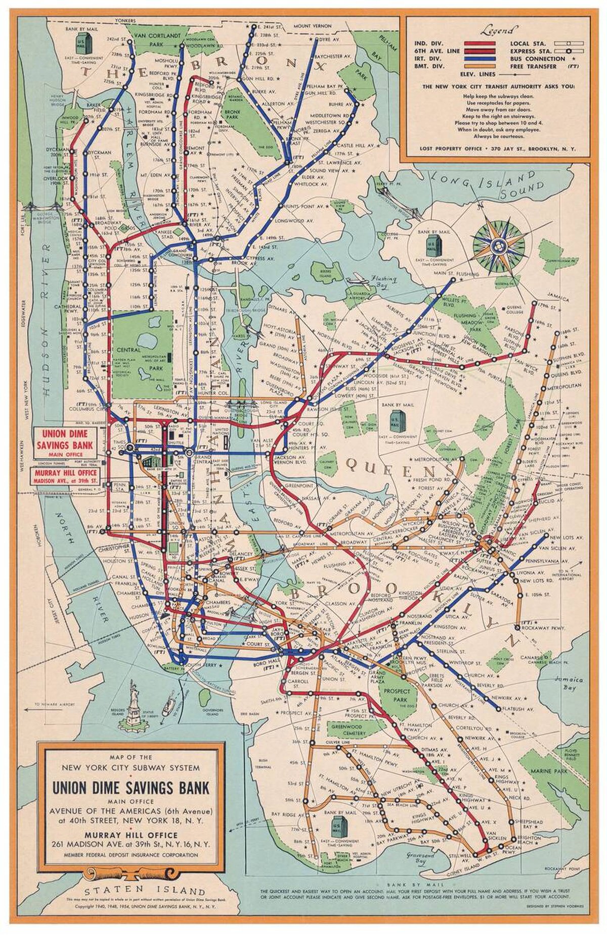 Map Of The New York City Subway System, 1954.