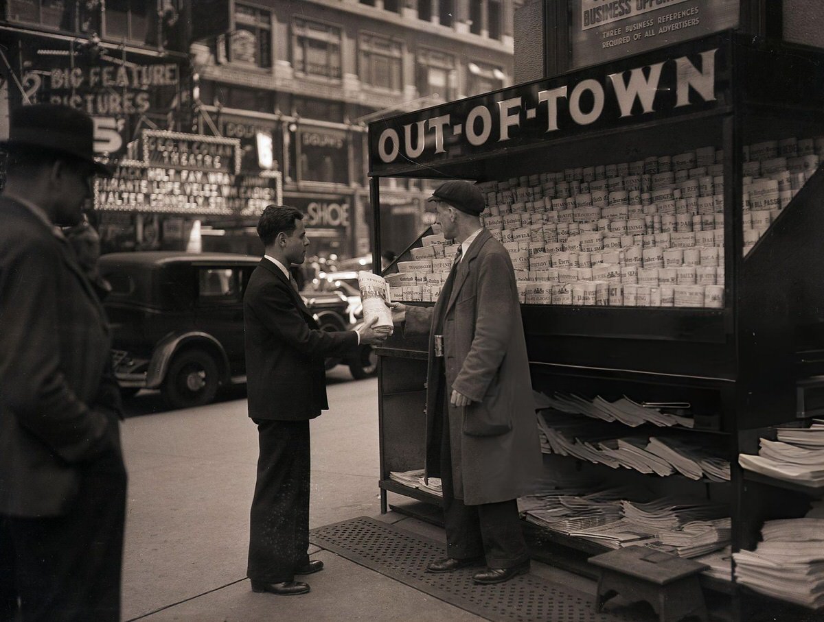 Out-Of-Town Newspaper Stand In Times Square, New York, 1935.