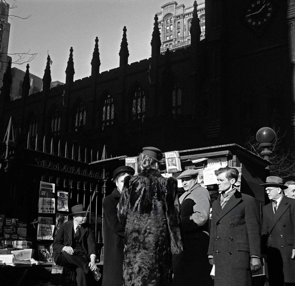 People Buying Newspapers Near Trinity Church At Wall Street And Broadway, Manhattan, 1947.