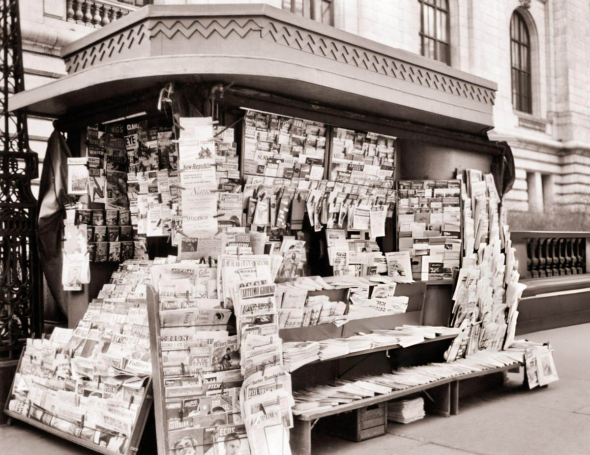 International Newspapers And Magazines At A Sidewalk Newsstand On 42Nd Street And Fifth Avenue, New York, 1950S.