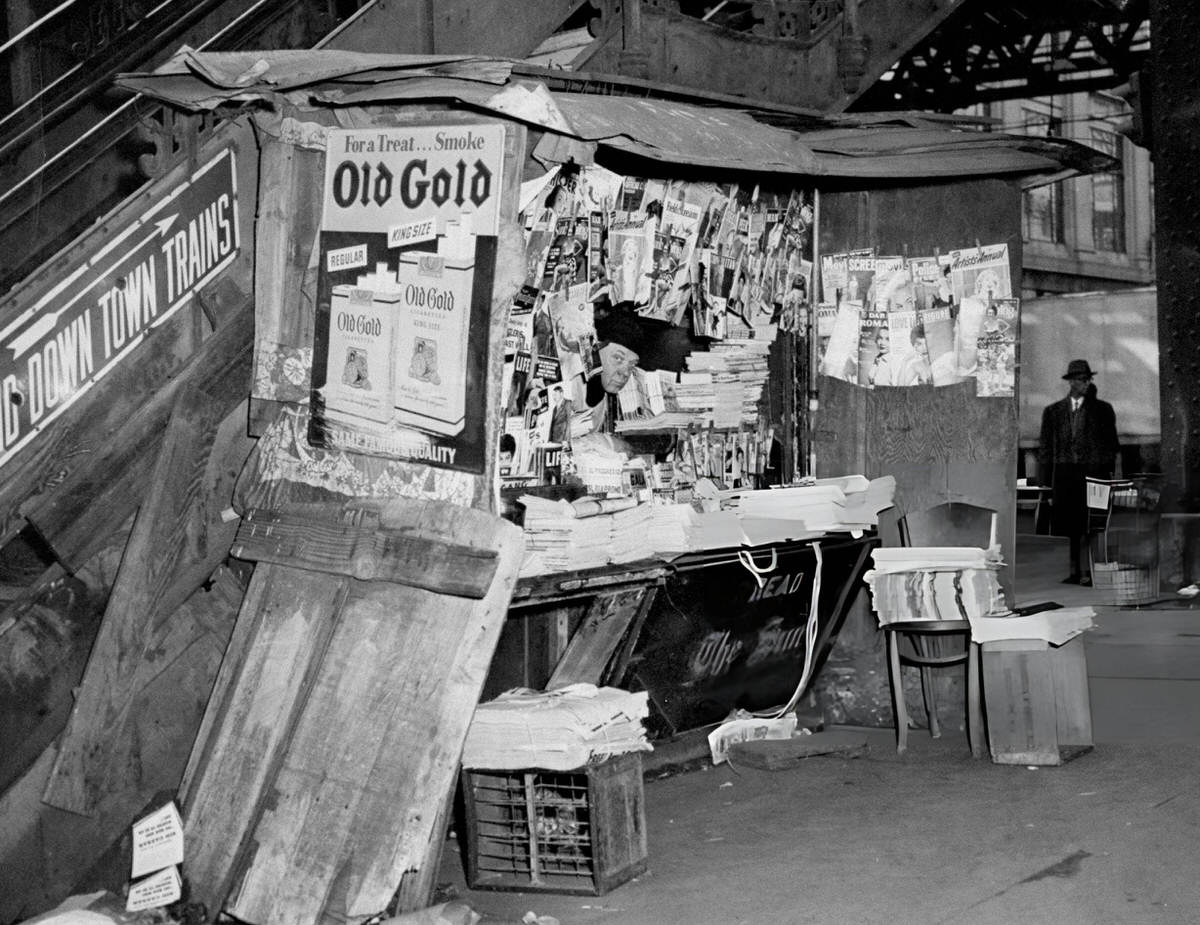 Nathan Bershod At His Newsstand At Grand Street And The Bowery, New York, 1955.
