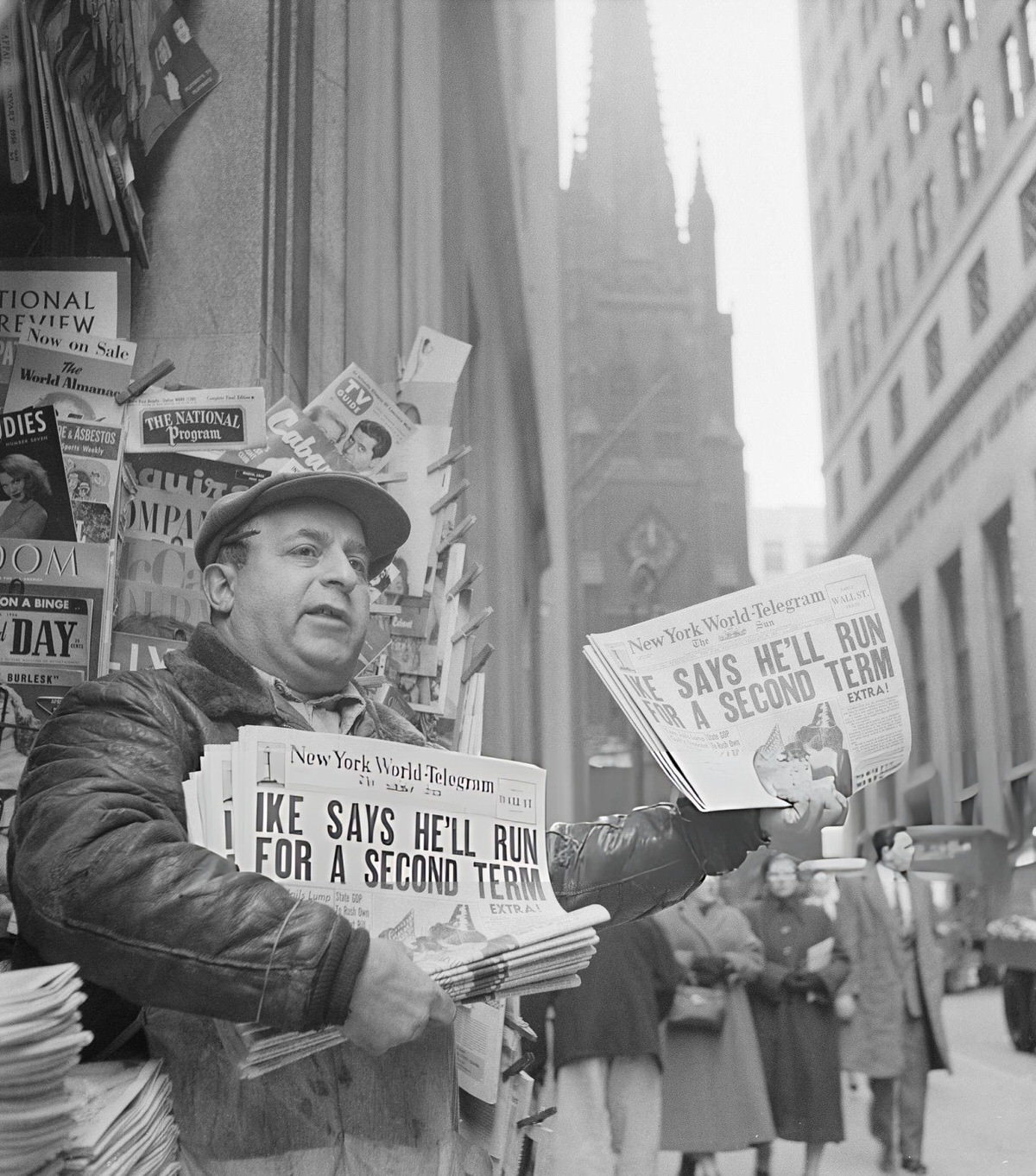 Morris Bernstein At His Wall Street Newsstand With Headlines Announcing President Eisenhower'S Second Term Run, 1956.
