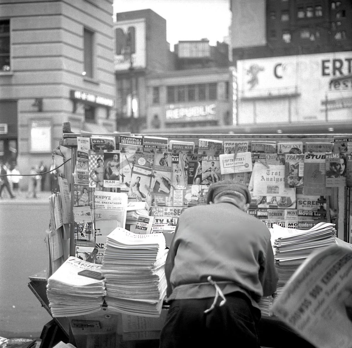Times Square Movie Marquees And Newsstands, New York, 1960.