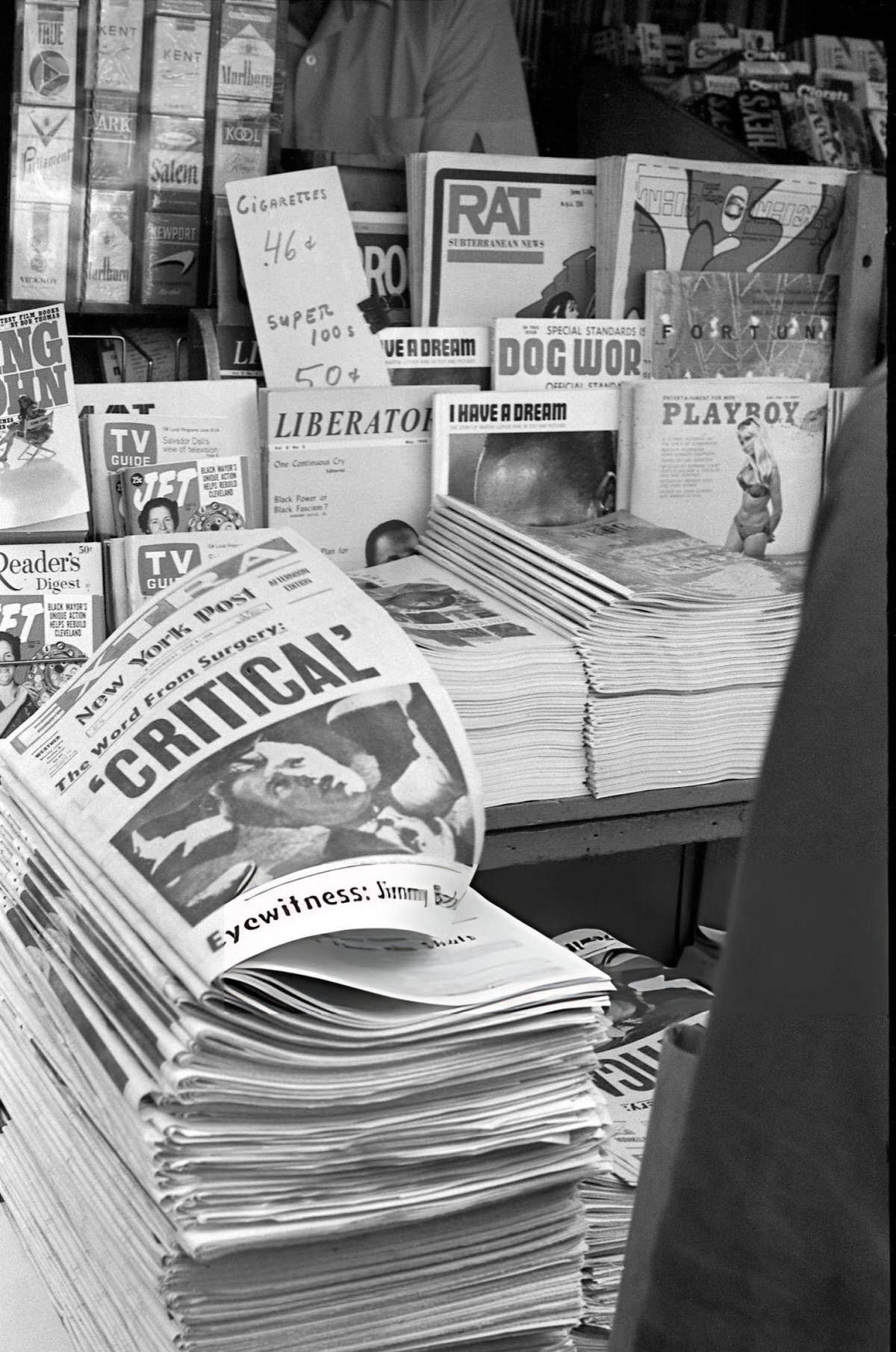 Periodicals At A Union Square Newsstand Reporting The Shooting Of Robert Kennedy, New York, 1968.