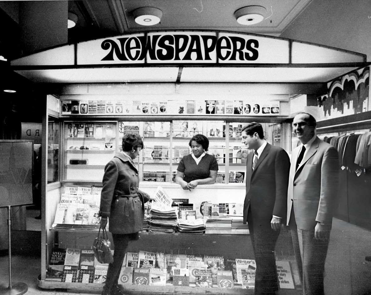Jeanne Hechtman At A Prototype Newsstand At The Gimbel'S Exhibit, New York, 1969.