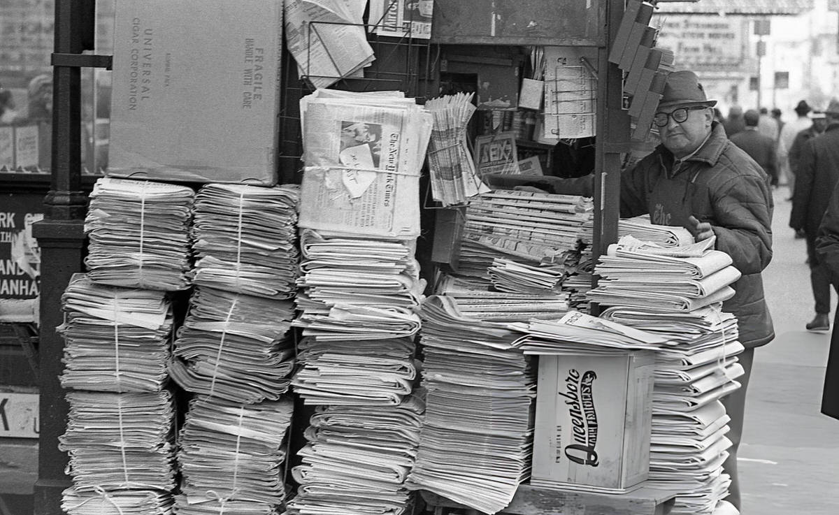Stacks Of The New York Times At A Newsstand On 42Nd Street In Times Square, 1970.
