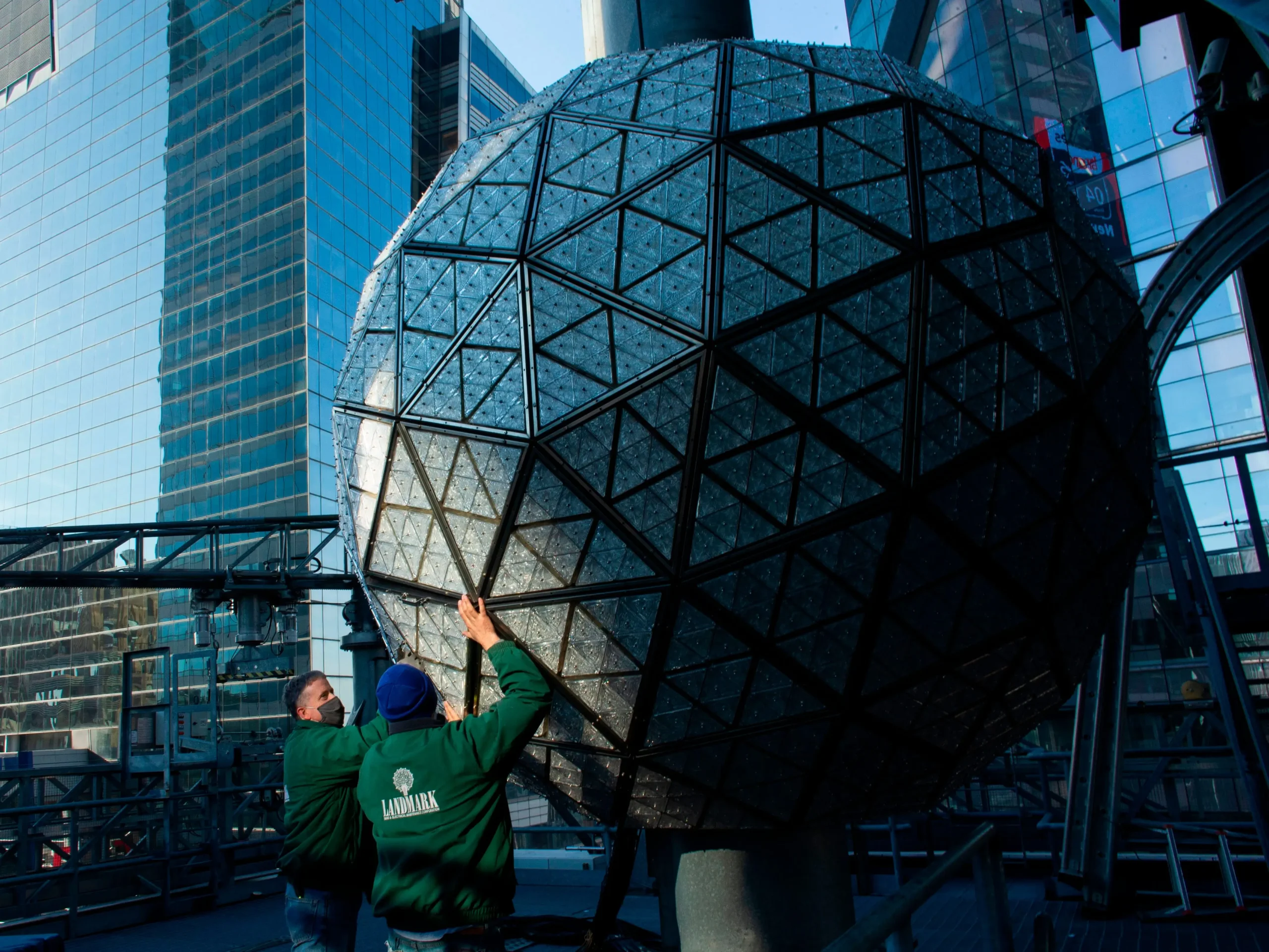 Workers Install New Waterford Crystal Triangles On The New Year'S Eve Ball For The 2021 New Year'S Eve Celebration.