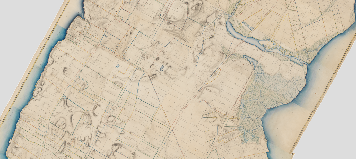 Between 1818 And 1820, American Surveyor John Randel Jr. Prepared An Atlas Of 92 Watercolor Maps That Illustrates The Farm Properties And Old Roads Of Pre-Grid Manhattan (Planned In 1811) As Well As The Future Location Of The New Streets And Avenues. The Museum Of The City Of New York Stitched Them Together To Create A Map, Pictured Below: