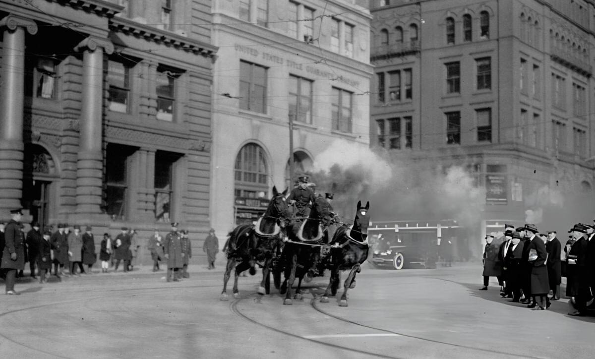Horse-Drawn Fire Engine Of Company No. 205 Racing Along A City Street, New York, 1922.