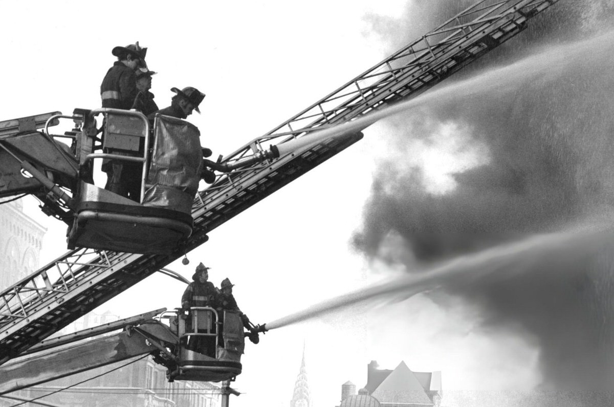 Firefighters Hosing A Fire, New York, 1955.