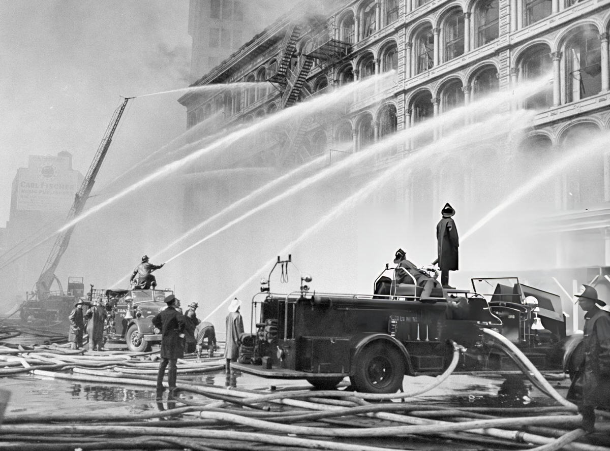 Firefighters Battling A Blaze At The Wanamaker'S Department Store At 10Th Street And 4Th Avenue, New York, 1956.