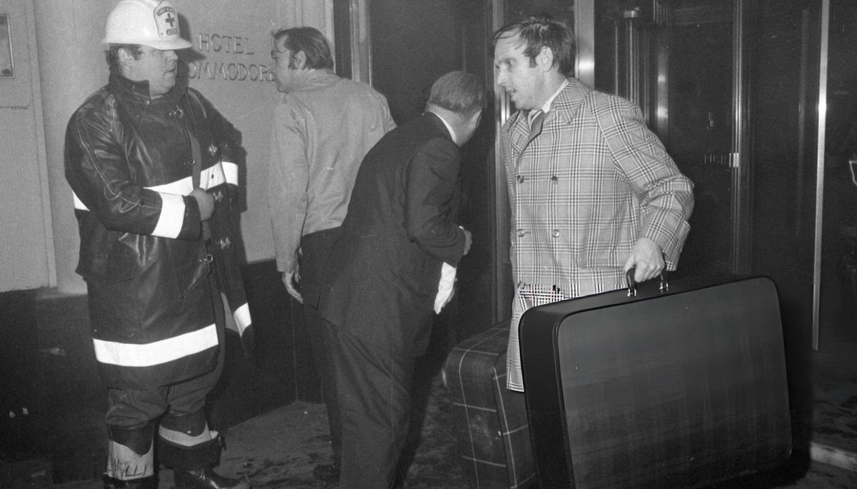 Firefighters Working To Extinguish A Five-Alarm Fire At The Commodore Hotel, New York, 1972.