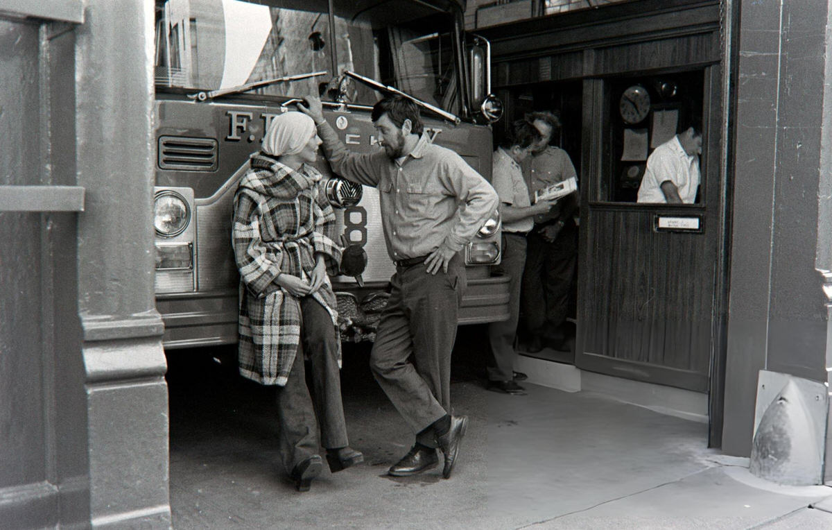 Model In A Bonnie Cashin Noh Coat Posing With Members Of Engine No. 18, New York, 1973.