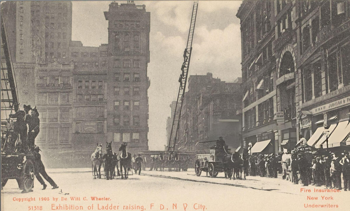 Advertisement For The Fire Insurance New York Underwriters Agency Showing A Ladder Extension Demonstration, 1905.