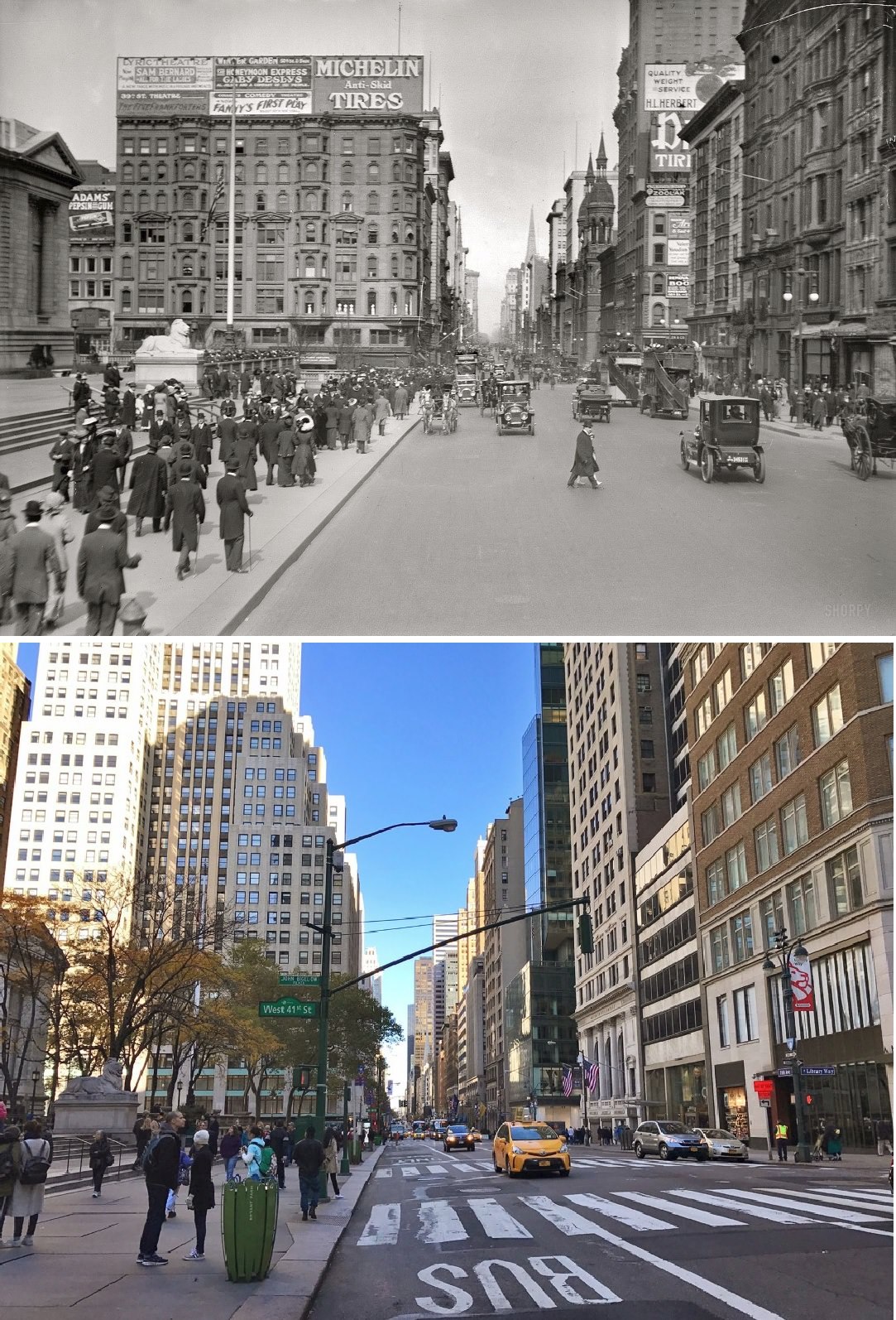 Fifth Avenue With The New York Public Library On The Left In 1913 And 2016.