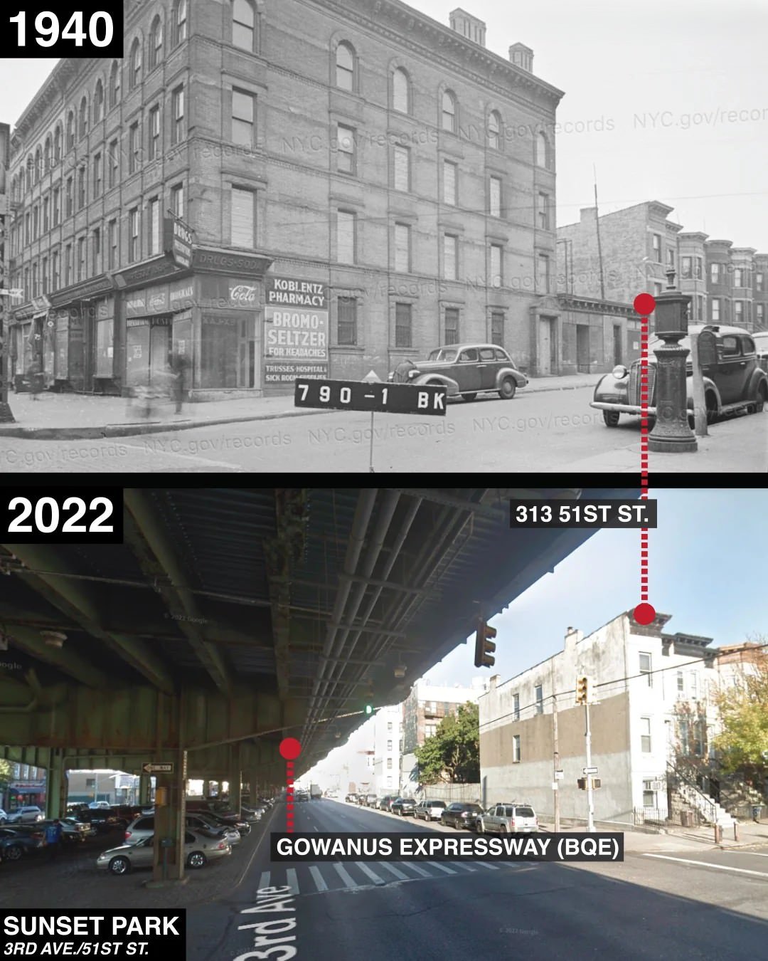 Sunset Park Before And After The Construction Of The Brooklyn-Queens Expressway, Brooklyn, 1940–2022.