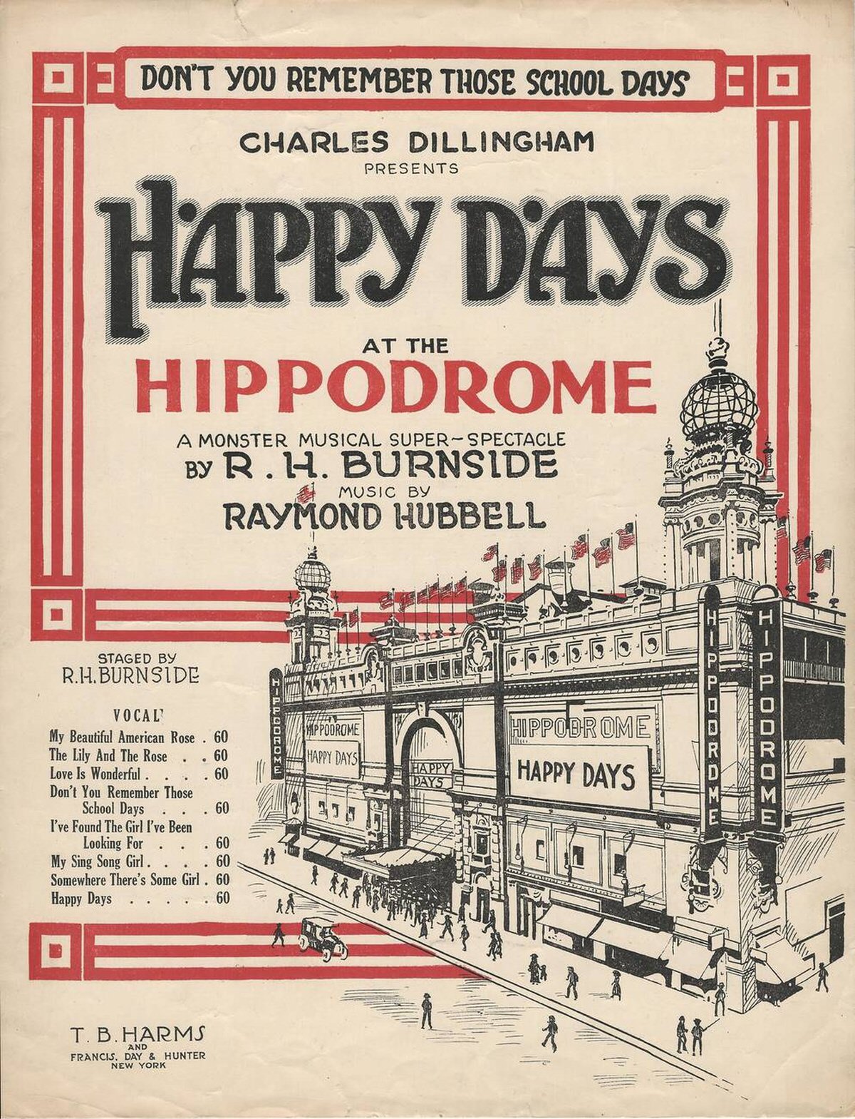 Sheet Music Cover For The Hippodrome Musical Happy Days, 1919.